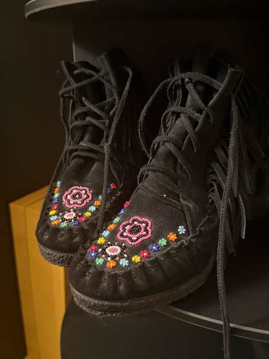 Betsey Johnson Shoes - Betsey Johnson Black Suede Fringe Moccasin Boots with Multicolor Bead Flowers